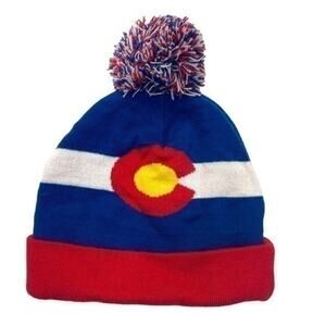 Colorado Flag Pom Beanie Hat one size acrylic red blue yellow